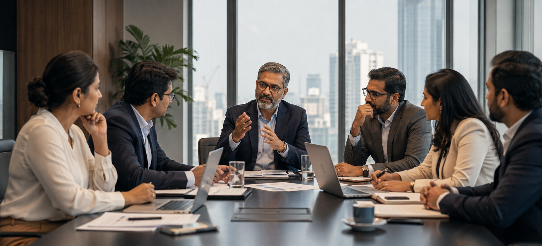 Indian finance leaders in a boardroom meeting